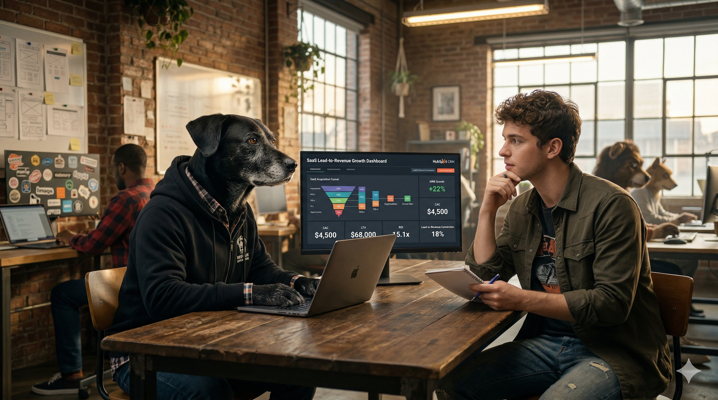 SaaS growth specialist service dog wearing tech-focused accessories
